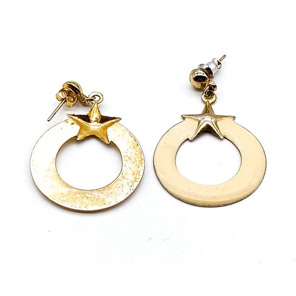 Vintage Star Dangle Drop Earrings, Gold Tone with Cream Enamel Hoop - Picture 2 of 4